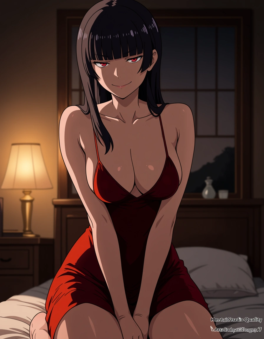 studio quality, Mushuko tensei, prostitute, red slip dress, bedroom, seductive, hentai_studio_quality