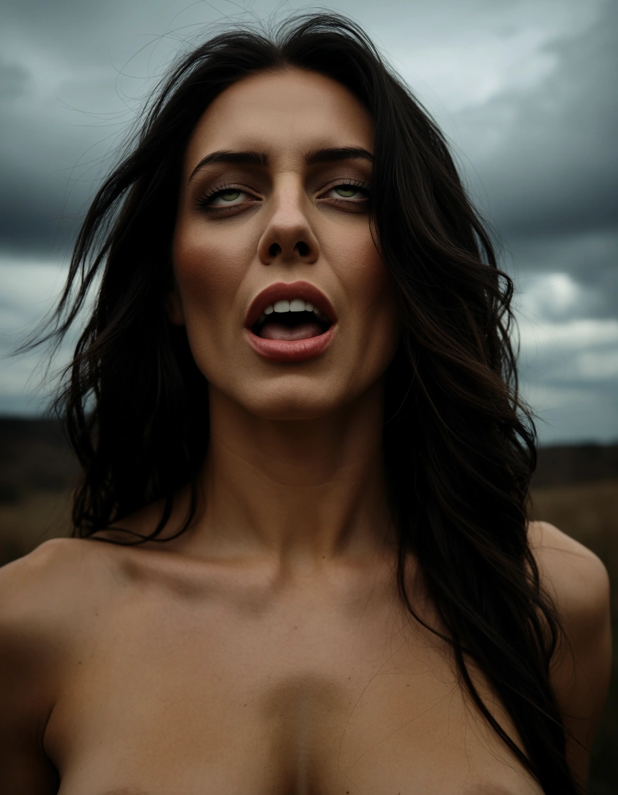 RAW photo, ultra realistic, portrait, demon woman, ahegao, toned body, cloudy sky, hyperrealistic, score_9, score_8, candid photo, realistic skin texture, visible skin pores, film grain, depth of field