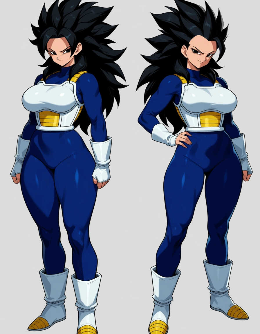 Girl, Saiyan_girl, huge_breasts, huge_ass, Saiyan_armor, black_hair, Monkey_tail, full_body, Broken_armor, evil_smile, long_hair, standing, Front_view, multiple_views, Multiple_drawings, Supersaiyan(second_draw), Supersaiyan3_(Third_draw) supersaiyan_blue (Fourth Draw), hentai_studio_quality