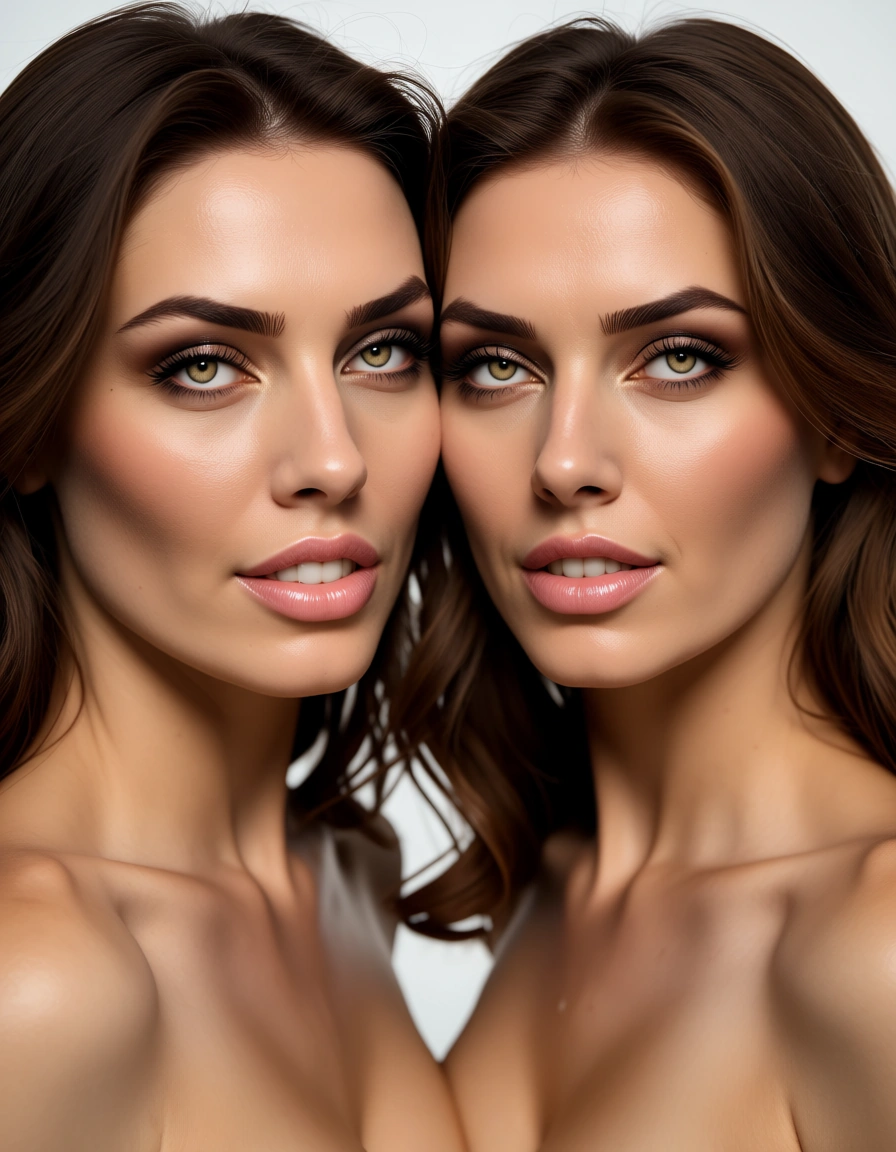 ultra HD, lifelike, couple, ahegao, wide hips, white background, confident gaze, RAW photo, score_9, score_8, candid photo, realistic skin texture, visible skin pores, film grain, depth of field