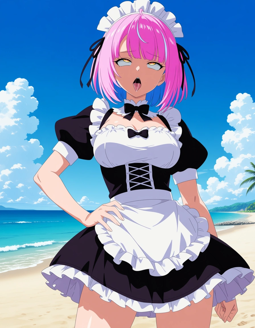 masterpiece, clean art, maid, ahegao, hand on own hip, two-tone hair, beach, hentai style ( là con trai 6 múi ) six pack, (anime style:1.3), 2d, anime screencap, cel shading, flat color, @00osamio00