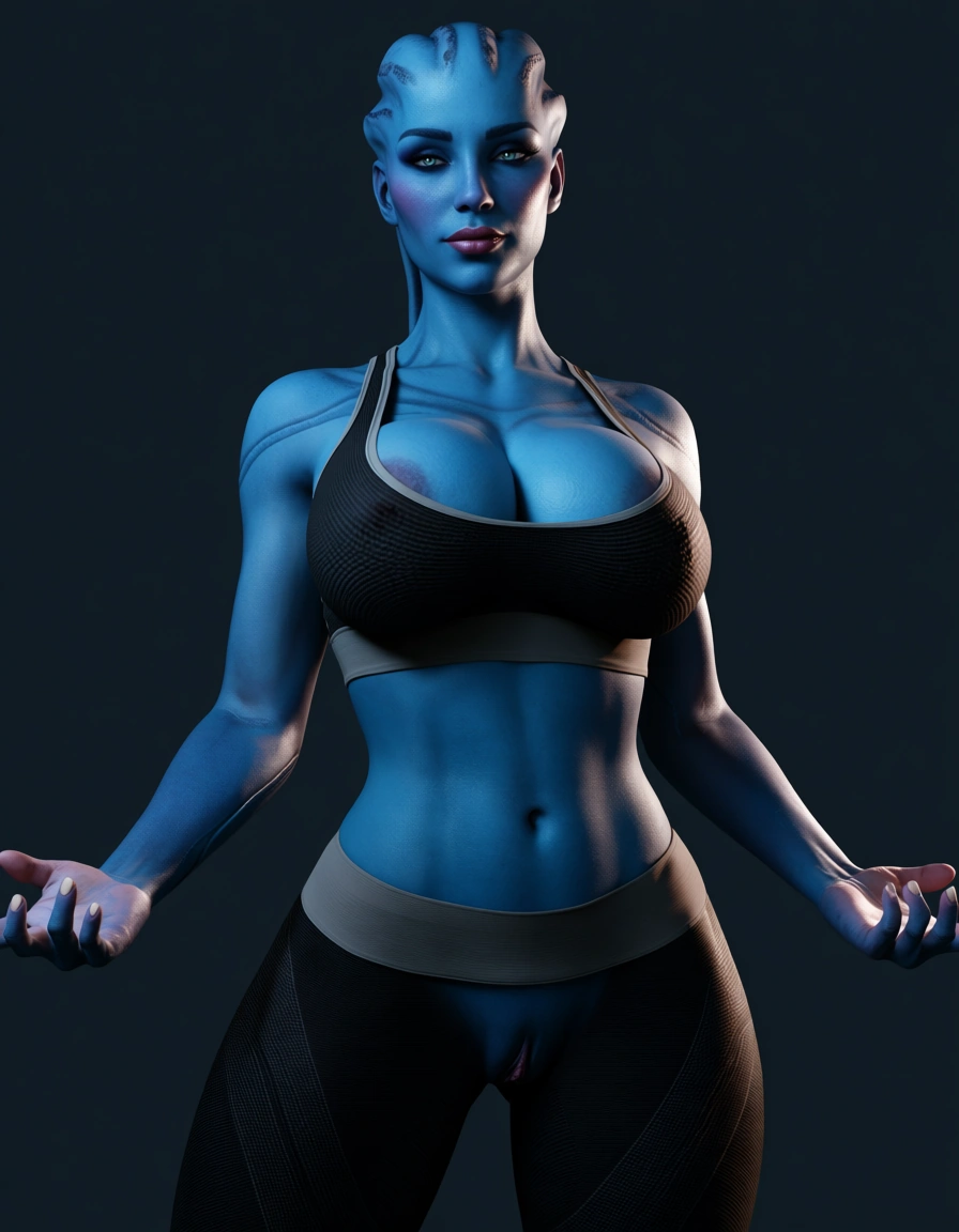Asari from mass effect doing suggestive sex yoga poses in yoga pants an a tight sports bra. large_breasts wide_hips uncensored blue_skin bimbo horny, score_9, score_8, 3d render, octane render, subsurface scattering, ray tracing, smooth shading