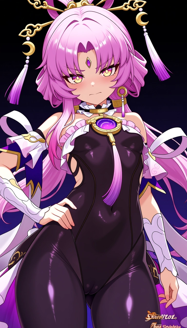 Masterpiece,1girl, Fu Xuan from Honkai Star Rail, cameltoe, Determinated Smile, Tech Corridor background, hentai_studio_quality, hentai_studio_quality