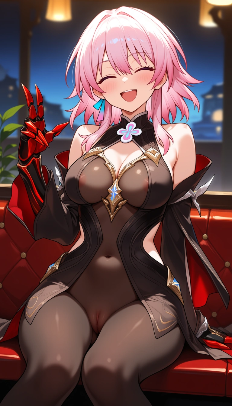 masterpiece, march 7th , from honkai starrail, the hunt form (xianzhou wardance) outfit, natural medium_breasts not hanging, free hands, , sitting, pussy, half closed eyes, energized smile, restaurant background, dont hentai_studio_quality out of prompt., hentai_studio_quality, hentai_studio_quality, hentai_studio_quality