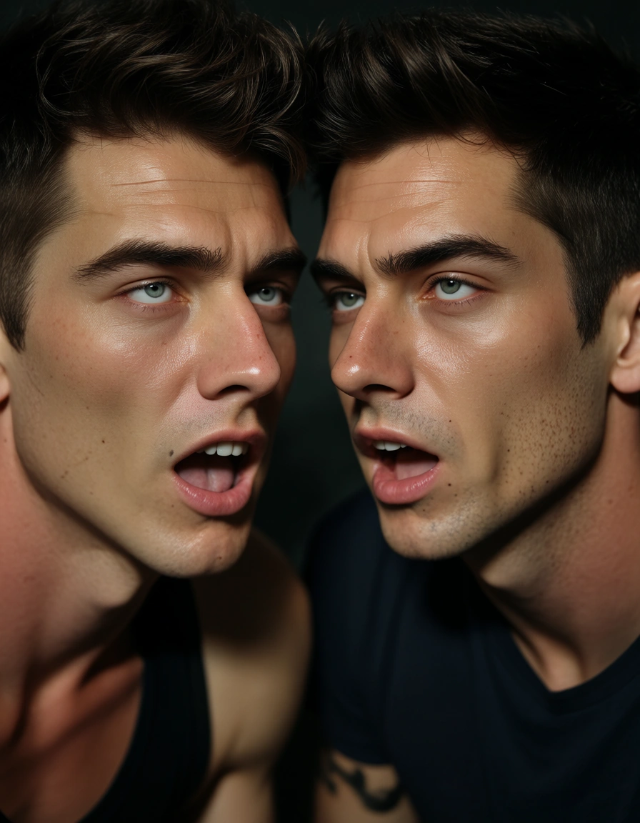 highly detailed, natural lighting, 2boys, scar, shorts, ahegao, transparent background, close-up, dslr quality, score_9, score_8, candid photo, realistic skin texture, visible skin pores, film grain, depth of field