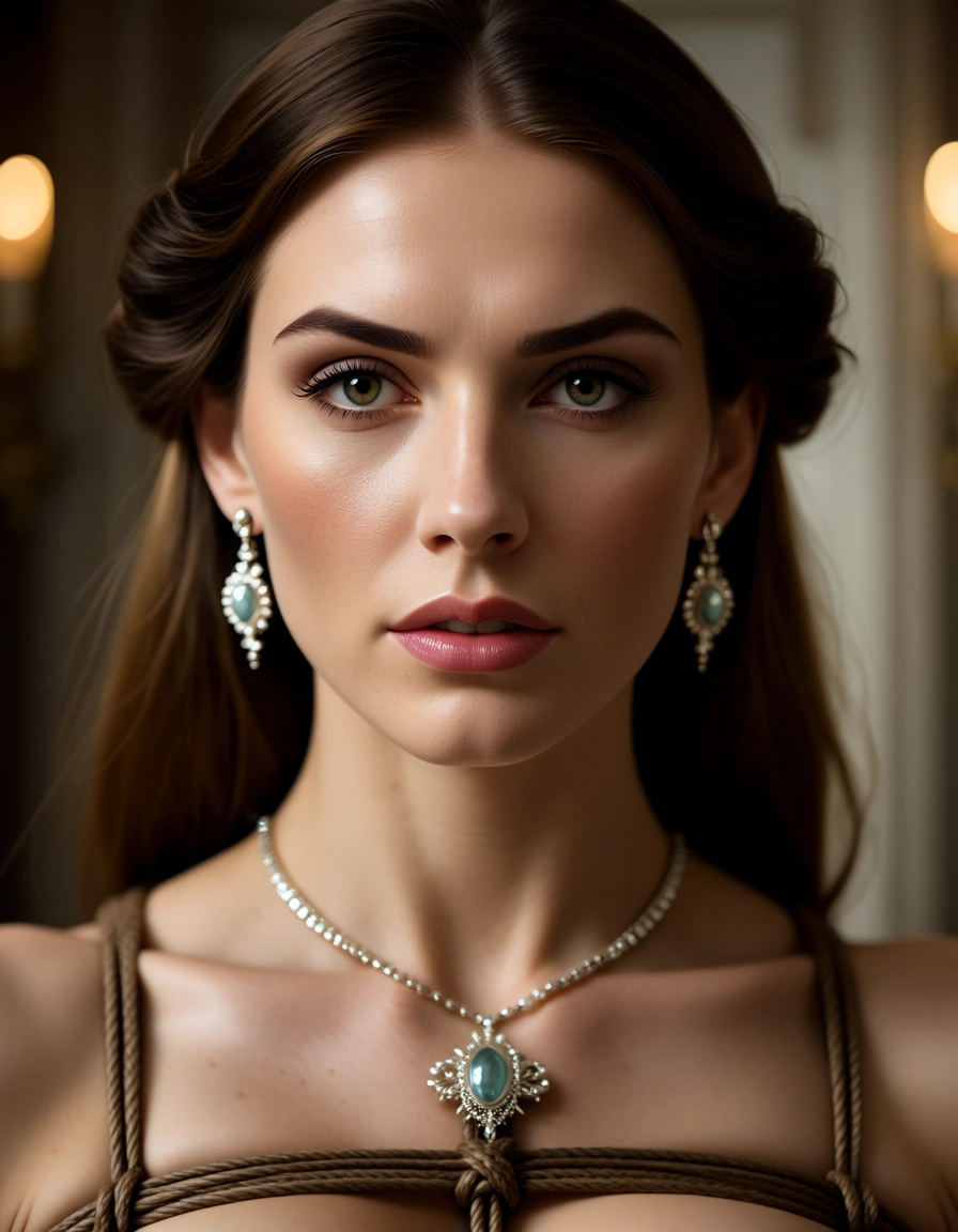 ultra HD, lifelike, princess, earrings, bondage, cinematic realism, score_9, score_8, candid photo, realistic skin texture, visible skin pores, film grain, depth of field