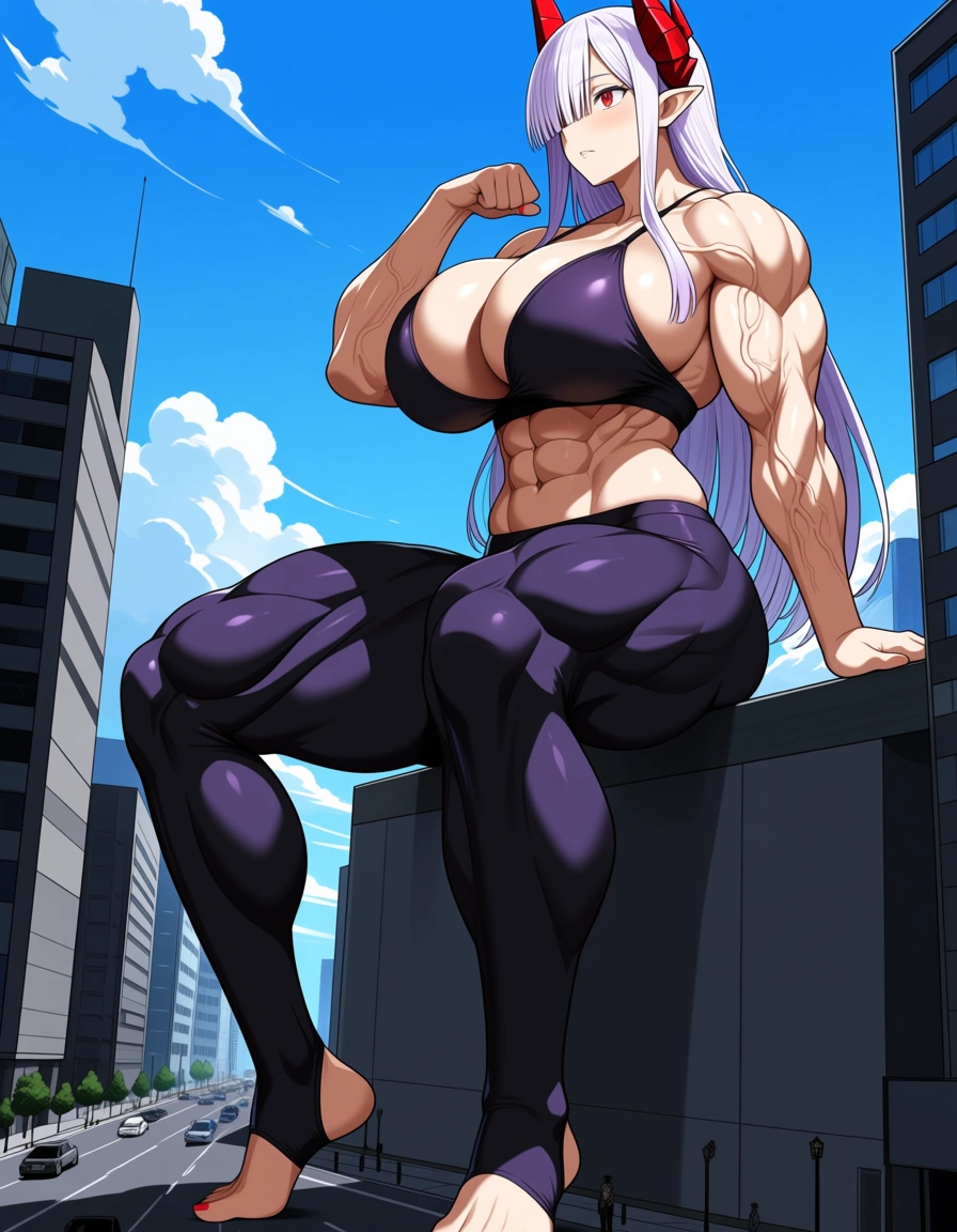 Lorem, musuko ga kawaikute shikatanai mazoku no hahaoya, muscular female, huge breast, full body, in city, giantess, growth, sitting, huge veins, alternate breast size, alternate muscle size, stirrups, hentai_studio_quality