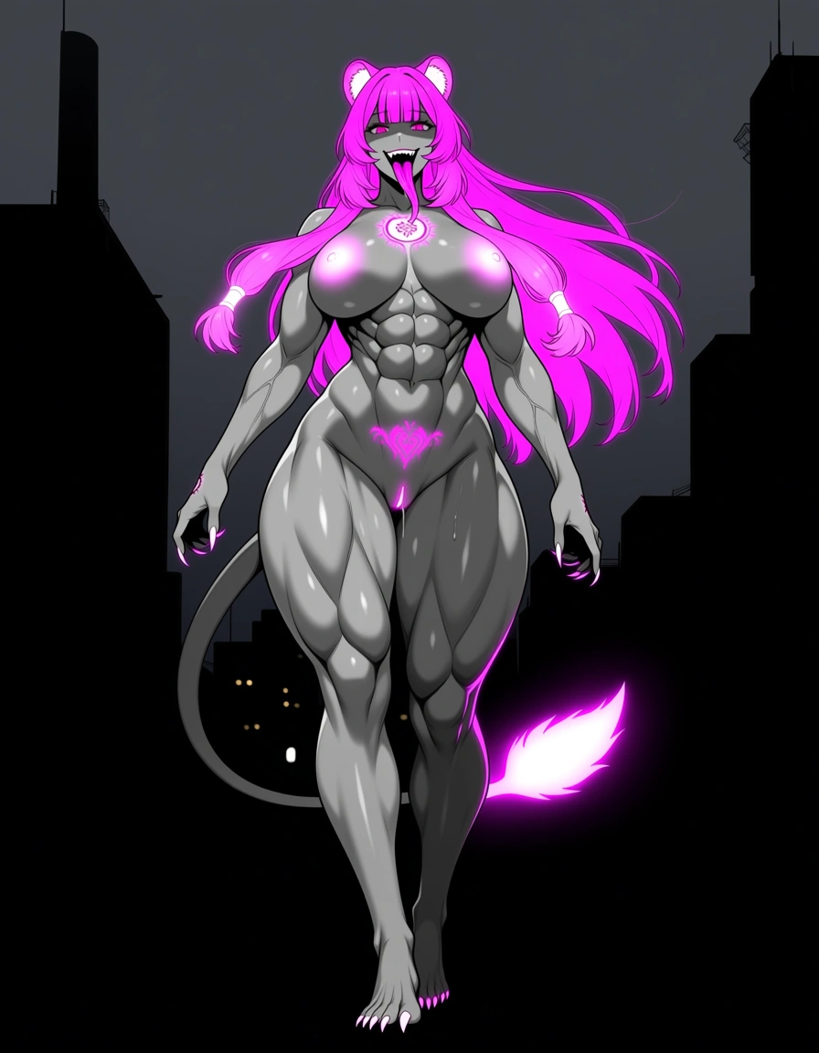 @raphtalia, muscular female, huge breasts, huge muscles, full_body, macro, giantess, outdoors, city on background, sharp fingernails, in color, evil_female, hentai style, tattoos on body, glowing tattoo, glowing nipples, glowing pussy, glowing hair, glowing tail, excessive saliva, long tongue, /best_quality, walking, hentai_studio_quality