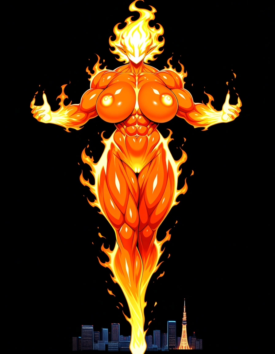 elemental girl, fire elemental, flaming body, flaming hair, flaming head, mature_female, full body, clothes female, flaming nipples, flaming pussy, flaming breasts, muscular_female, gigantic muscular, city, human male, hentai_studio_quality