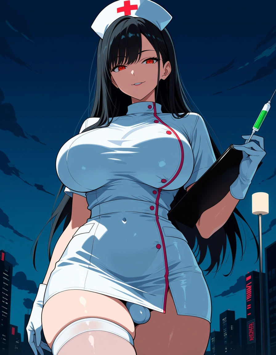 ultra detailed, nurse, wide hips, white shirt, futanari, outdoors, confident gaze, vivid anime colors, hentai_studio_quality