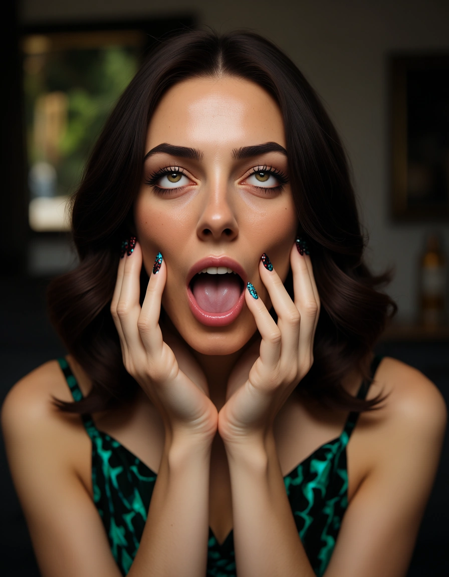 studio quality, sharp focus, brunette woman, nail polish, dress, ahegao, natural skin texture, score_9, score_8, candid photo, realistic skin texture, visible skin pores, film grain, depth of field