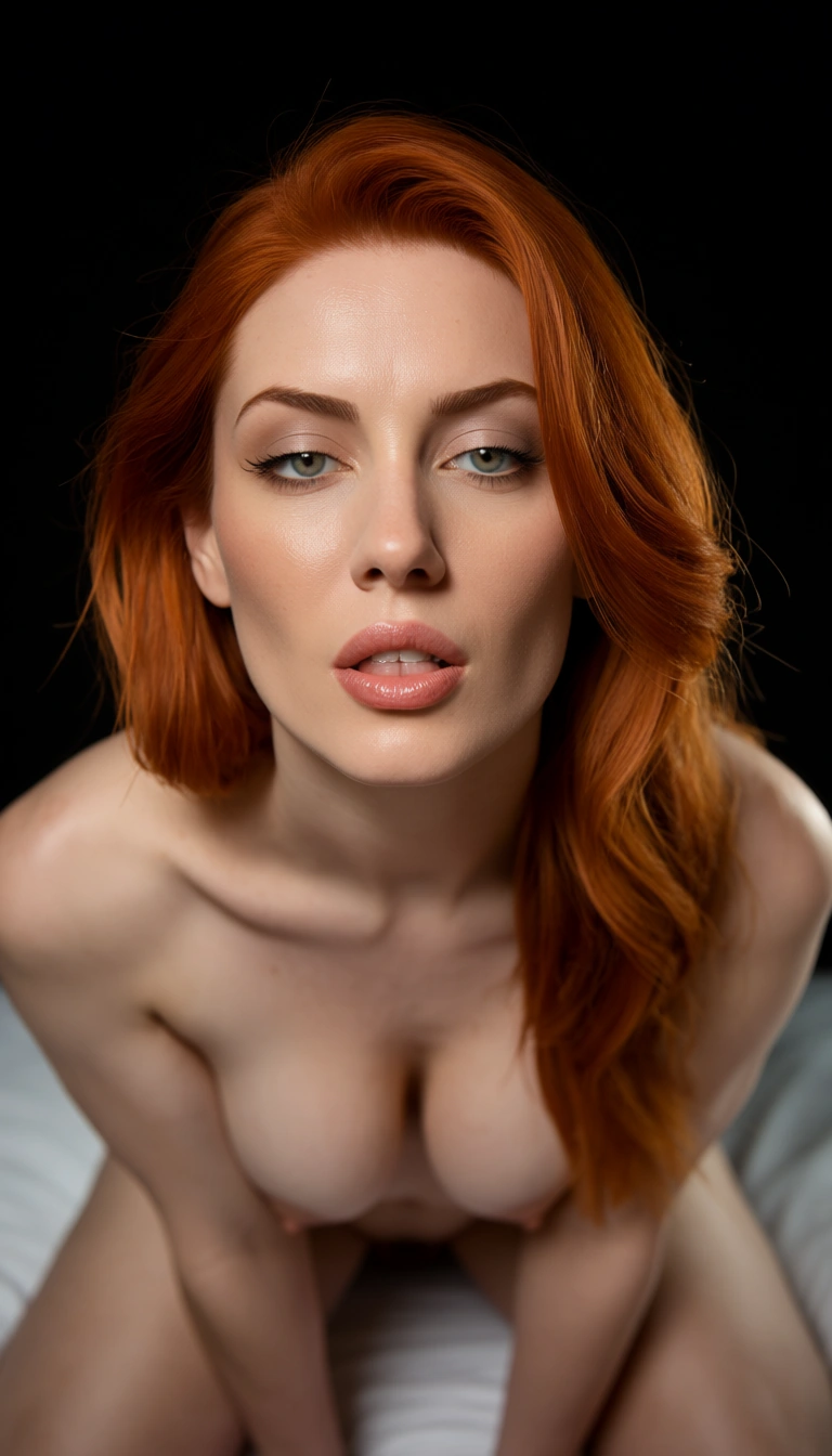 8k, sharp focus, detailed skin, redhead woman, kneeling on bed, lips, black background, studio photo and make her suck dick