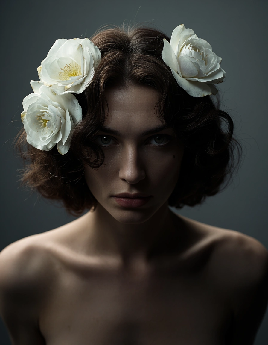 cinematic photo, 8k, 1other, mole, flower, fully nude, grey background, studio photo, score_9, score_8, cinematic film still, anamorphic, film grain, dramatic lighting, shallow depth of field