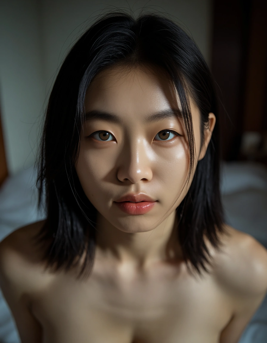 realistic, Asian, nude, score_9, score_8, candid photo, realistic skin texture, visible skin pores, film grain, depth of field
