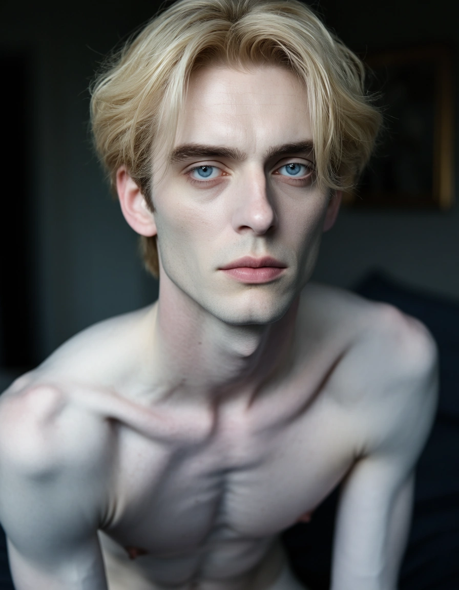short skinny male man, pale white skin, blonde hair, blue eyes, small ish eyes with big ish eyelids, naked, score_9, score_8, candid photo, realistic skin texture, visible skin pores, film grain, depth of field
