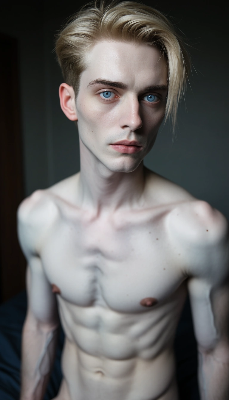 short skinny male man, pale white skin, blonde hair, blue eyes, small ish eyes with big ish eyelids, naked, score_9, score_8, candid photo, realistic skin texture, visible skin pores, film grain, depth of field, porn, no facial hair