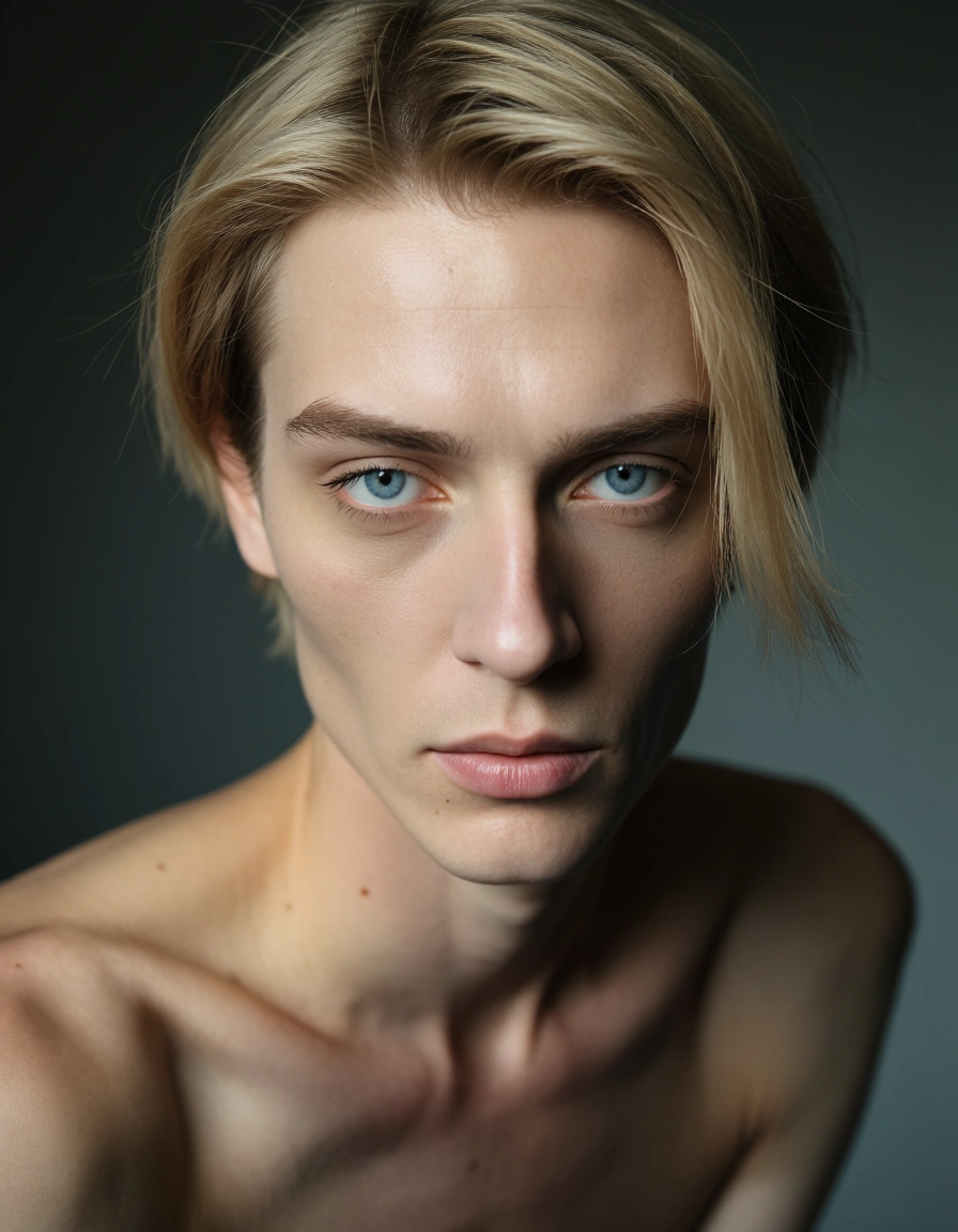 a short skinny male with no facial hair, blonde hair, blue eyes, big ish eyelids, small ish eyes, naked,, score_9, score_8, candid photo, realistic skin texture, visible skin pores, film grain, depth of field