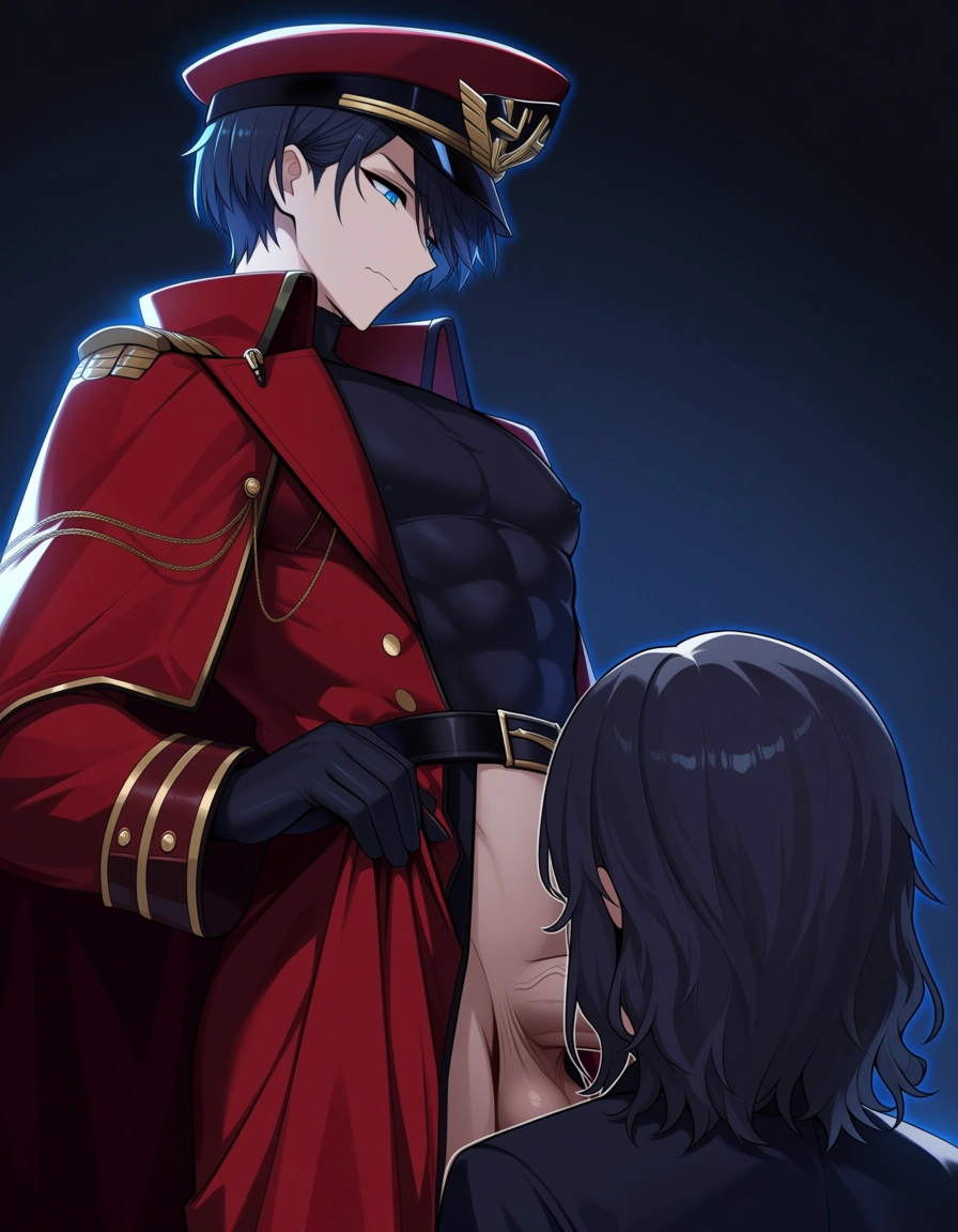 /masterpiece absurdres /sharp_focus outline 2boys commander_(azur_lane) peaked_cap black_hair wavy_hair short_hair short_haired_male blue_eyes male_focus from_above looking_down blue_hair wavy_mouth large_penis veiny_penis penis_awe, hentai_studio_quality