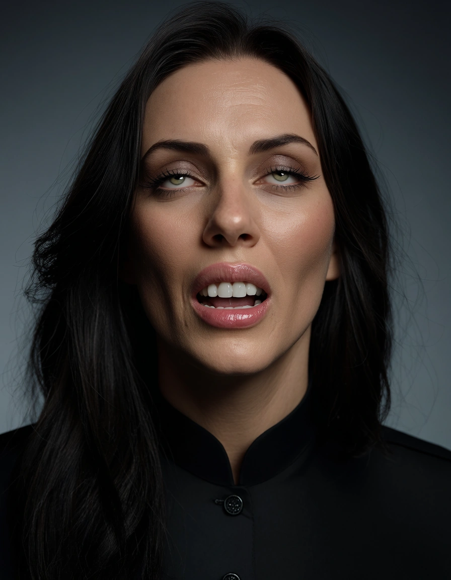 highly detailed, natural lighting, demon girl, ahegao, buttons, gradient background, natural skin texture, score_9, score_8, candid photo, realistic skin texture, visible skin pores, film grain, depth of field