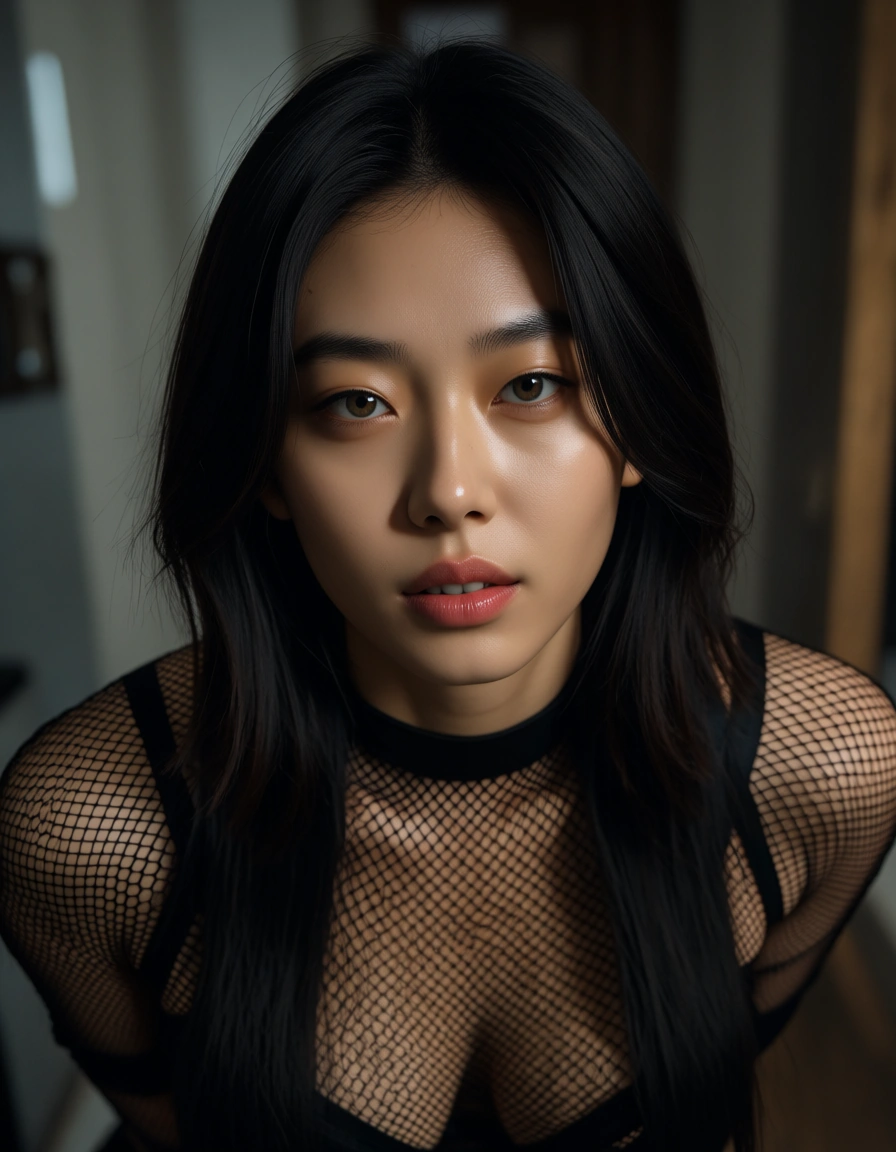 24 yo, japanese, fishnets, bondage, score_9, score_8, candid photo, realistic skin texture, visible skin pores, film grain, depth of field