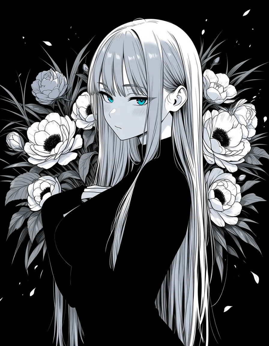highres, vivid, milf, flower, facesitting, over the shoulder, manga panel look, hentai_studio_quality