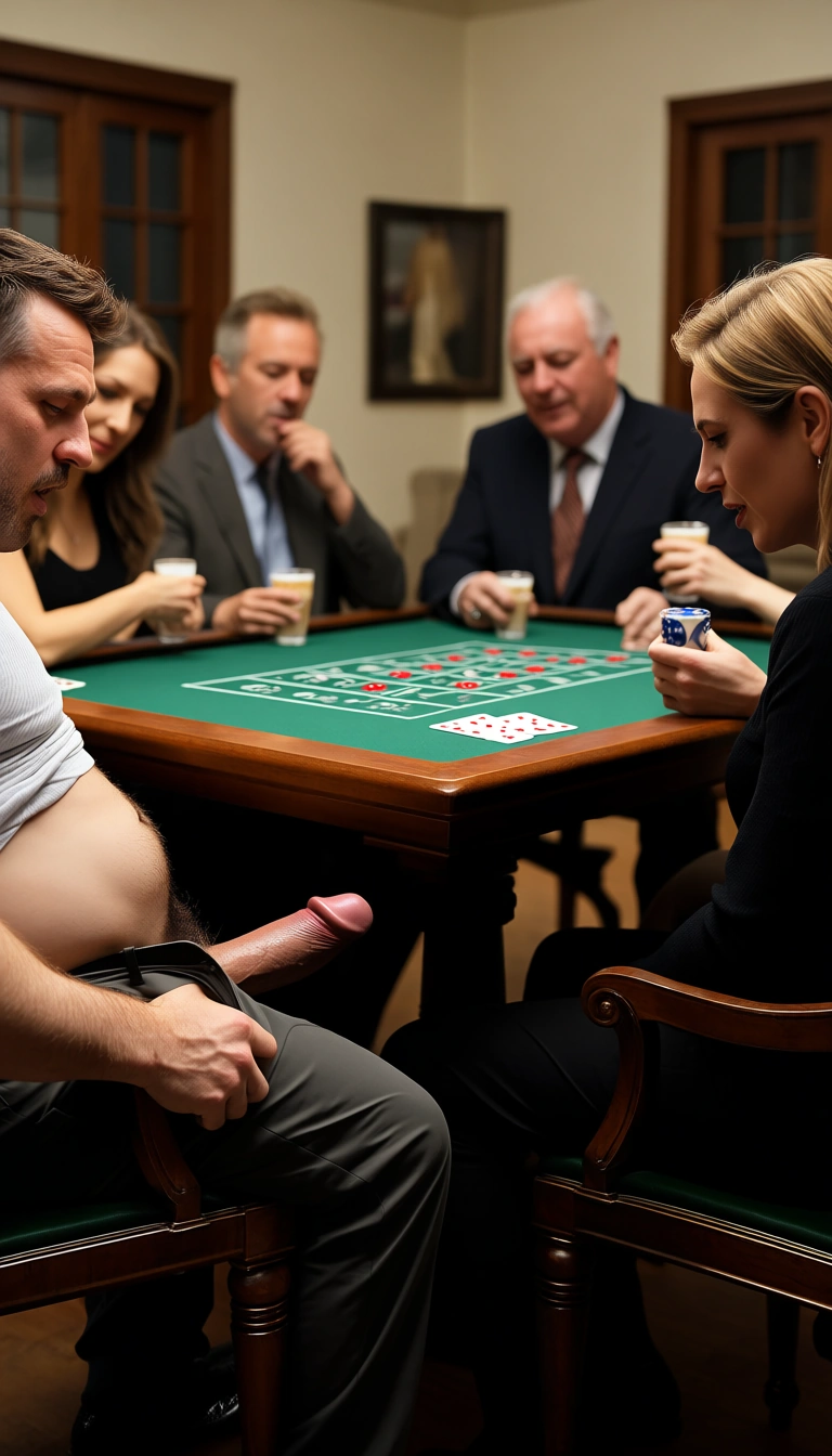 Set in a typical British council house, a group of people sat around playing a game of strip poker, one of the men has to remove his pants exposing his big hard cock from his pants, a woman is looking at his cock with suprised on how big it is