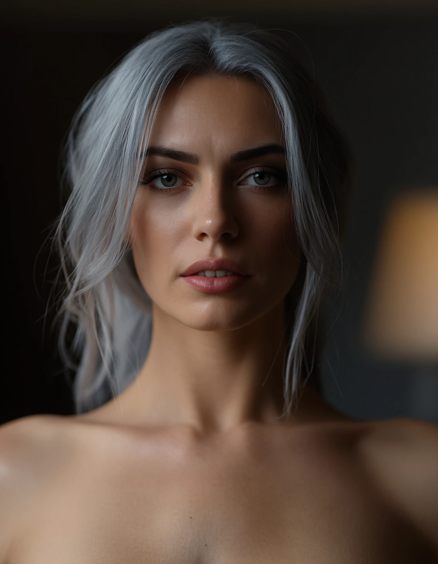 sharp focus, 8k uhd, 1woman, grey hair, official alternate costume, topless, dslr quality, score_9, score_8, candid photo, realistic skin texture, visible skin pores, film grain, depth of field