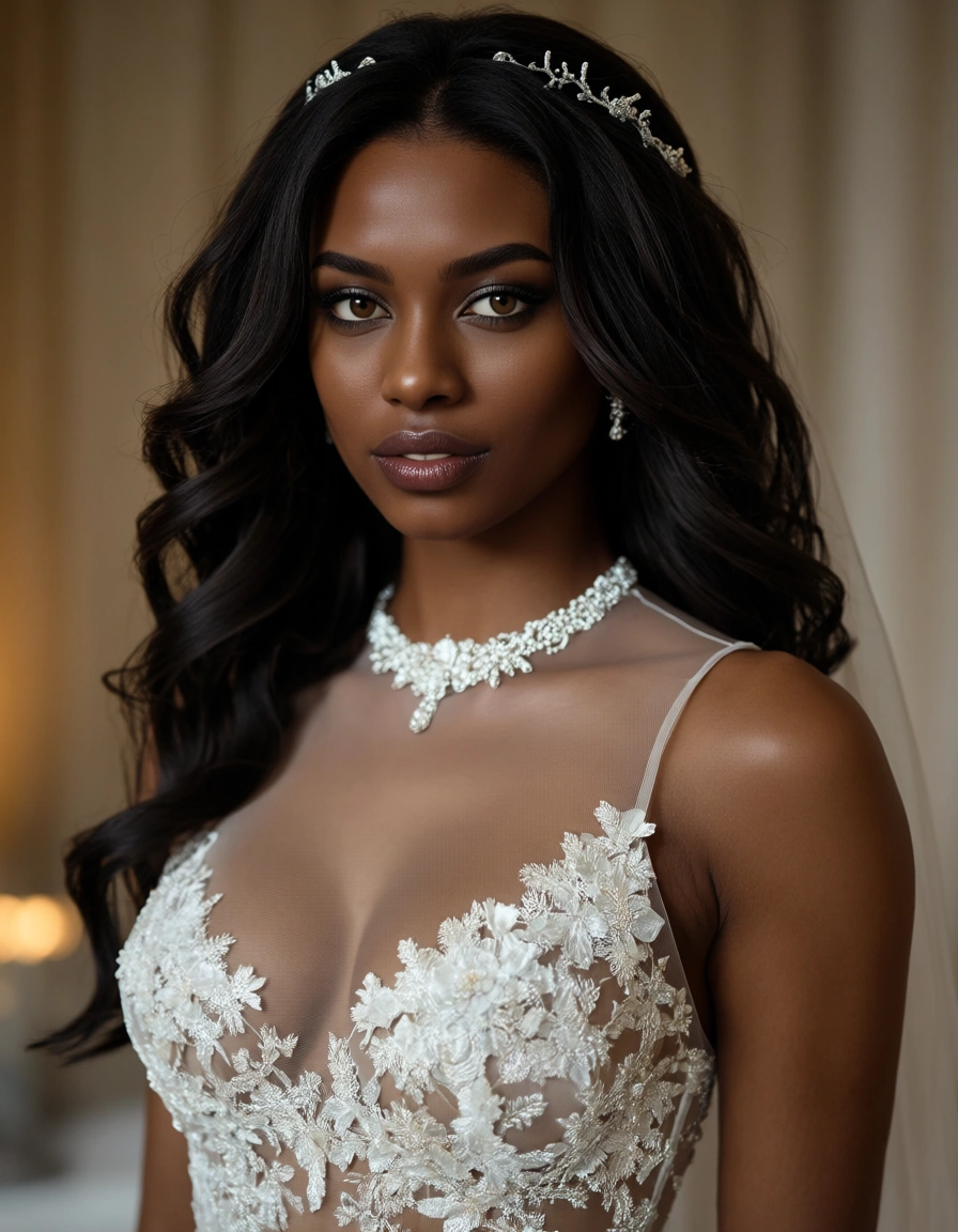 dark_skin dark-skinned_female wedding_dress see-through_clothes from_side upper_body, score_9, score_8, candid photo, realistic skin texture, visible skin pores, film grain, depth of field