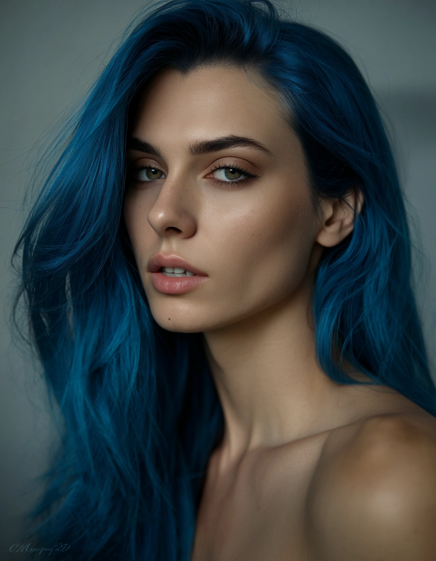 Visual kei style,long blue hair,naked,male, score_9, score_8, candid photo, realistic skin texture, visible skin pores, film grain, depth of field