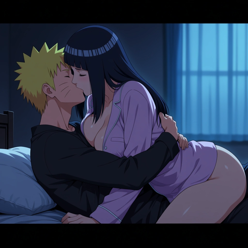 Naruto Uzumaki, @hyuuga_hinata: long_hair, pajamas, open_clothes, cowgirl_position, kiss, hug, bedroom, hentai_studio_quality