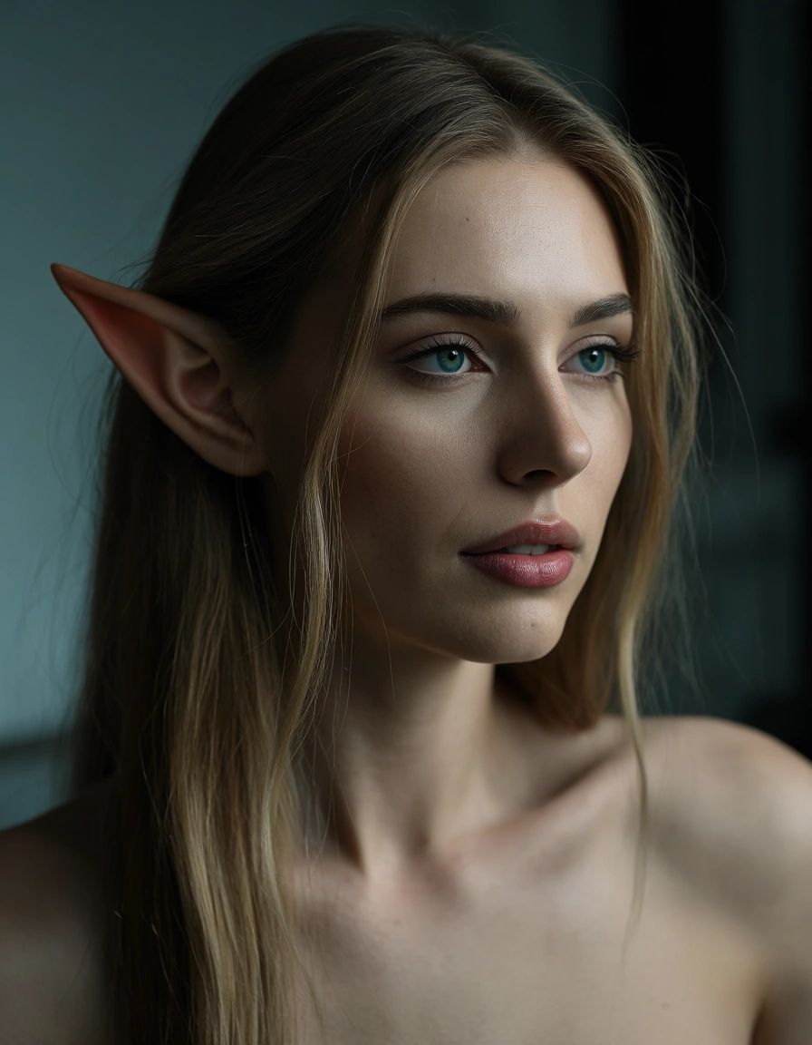 8k, sharp focus, detailed skin, milf, facesitting, pointy ears, dreamy atmosphere, lifelike render, score_9, score_8, candid photo, realistic skin texture, visible skin pores, film grain, depth of field