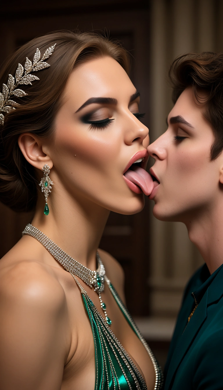 a stunning mommy with elegant hairstyle in a revealing sinful outfit, kissing a cute boy using her tongue