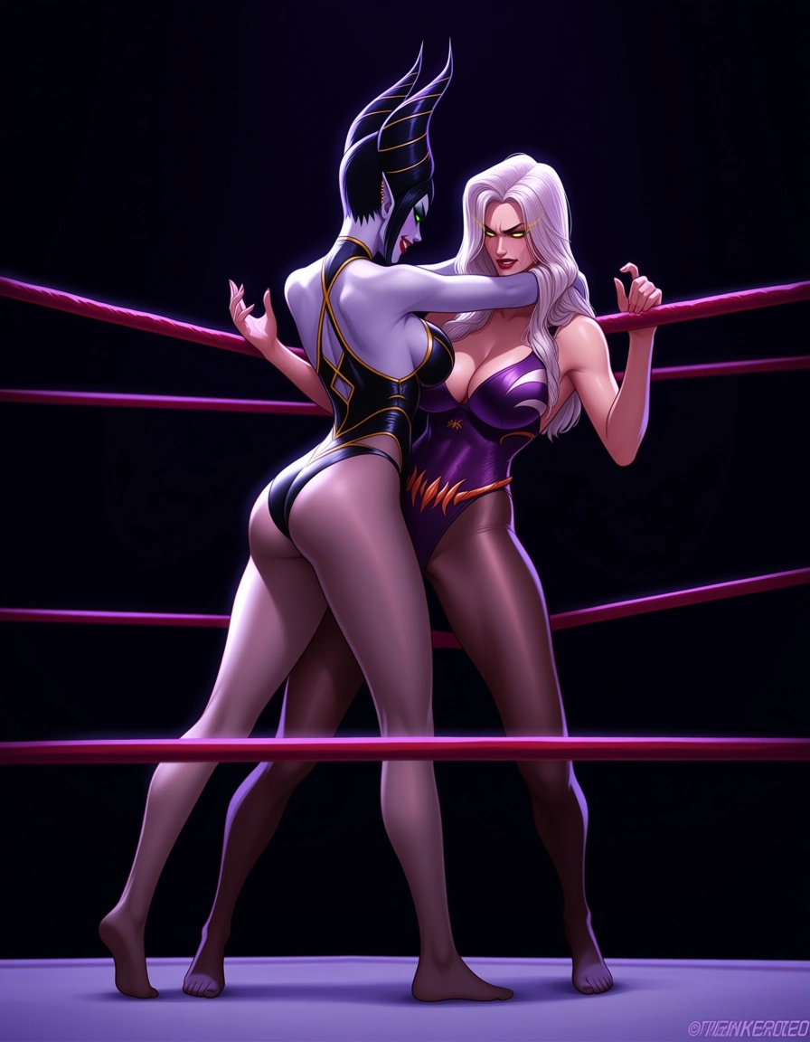 2girls_focus , maleficent evil_grin, sarah_kerrigan_(starcraft)  , wrestling_ring , yuri , from_side, gut_punch, hentai_studio_quality