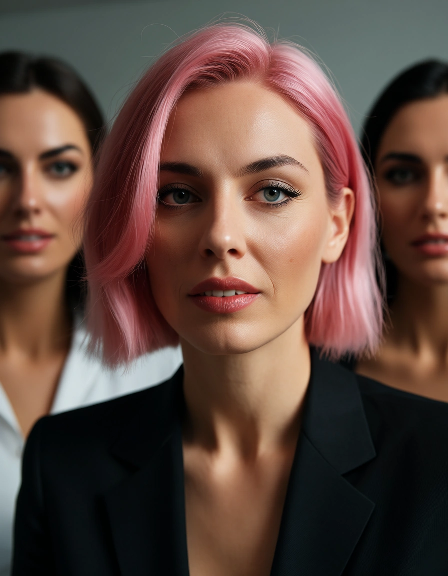 studio quality, sharp focus, 3women, pink hair, office wear, creampie, lifelike render, score_9, score_8, candid photo, realistic skin texture, visible skin pores, film grain, depth of field