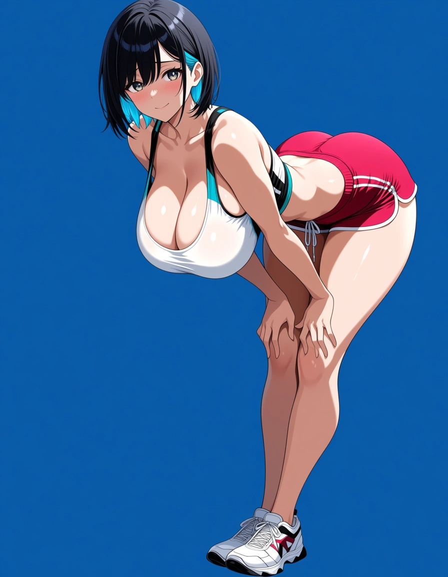 ultra detailed, fitness model, huge breasts, shorts, bent over, blue background, shy smile, vivid anime colors, hentai_studio_quality