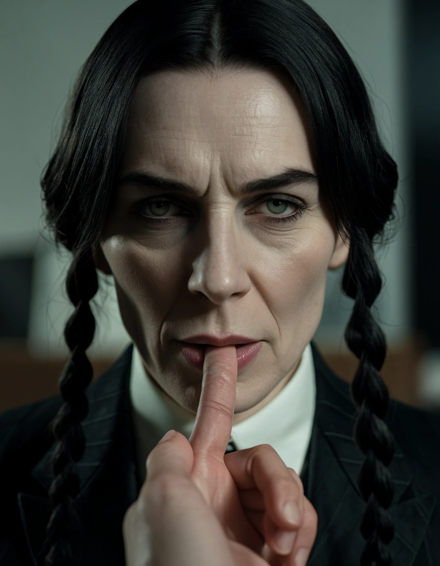 Wednesday Addams being finger fucked by Thing, score_9, score_8, candid photo, realistic skin texture, visible skin pores, film grain, depth of field
