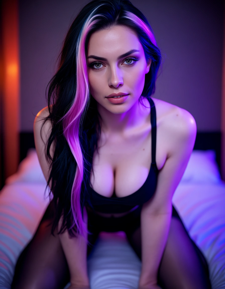 RAW photo, ultra realistic, solo, streaked hair, pantyhose, kneeling on bed, neon glow, score_9, score_8, candid photo, realistic skin texture, visible skin pores, film grain, depth of field