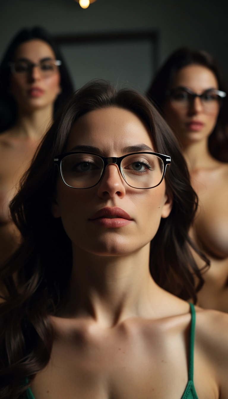 ultra HD, lifelike, multiple girls, futanari, glasses, dreamy atmosphere, natural skin texture
