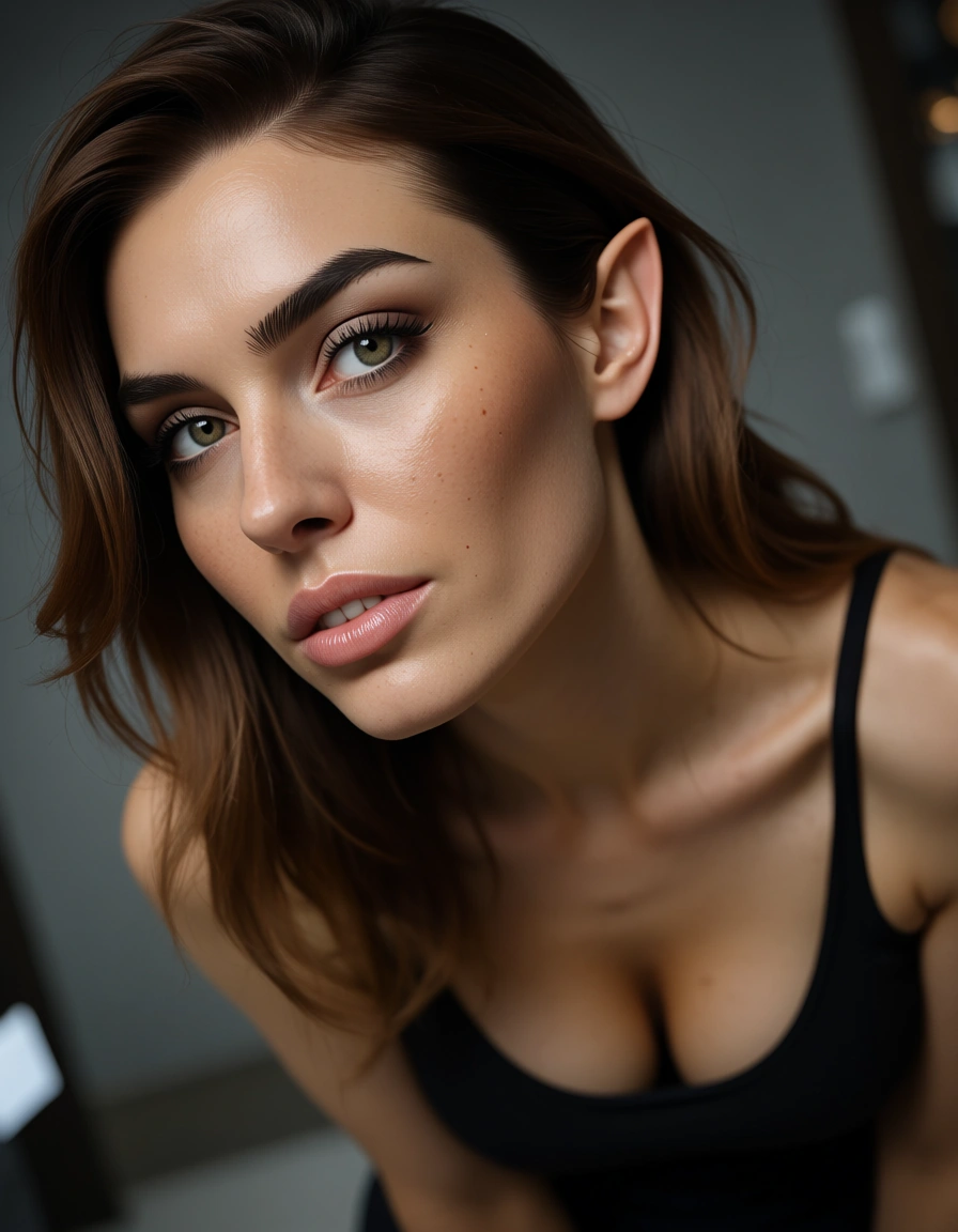 futanari, 8k, sharp focus, detailed skin, dutch angle, office lady, futanari, pointy ears, hyperrealistic, score_9, score_8, candid photo, realistic skin texture, visible skin pores, film grain, depth of field