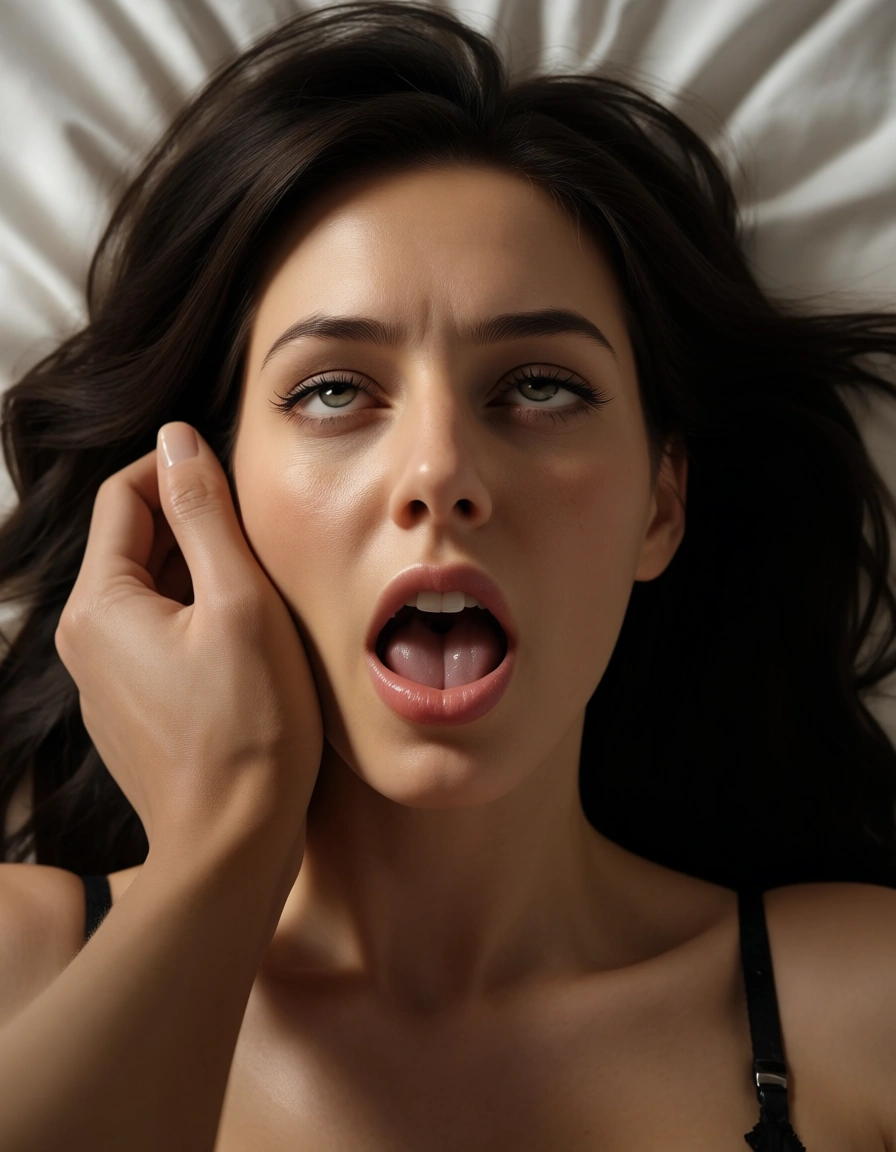 highly detailed, natural lighting, office lady, holding hands, underwear, ahegao, bed sheet, portrait, studio photo, score_9, score_8, candid photo, realistic skin texture, visible skin pores, film grain, depth of field