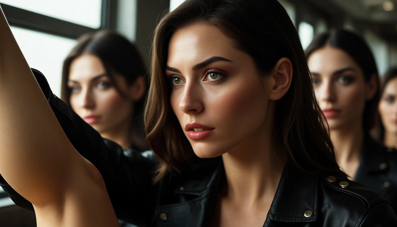8k, sharp focus, detailed skin, 5women, jacket, leg up, window light, lifelike render, score_9, score_8, candid photo, realistic skin texture, visible skin pores, film grain, depth of field