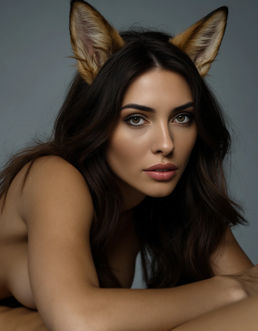 RAW photo, ultra realistic, over the shoulder, brunette woman, 69 position, animal ears, grey background, dreamy atmosphere, film photography, score_9, score_8, candid photo, realistic skin texture, visible skin pores, film grain, depth of field