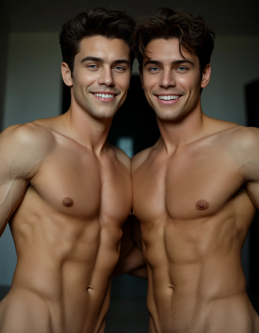 highly detailed, natural lighting, 2boys, fully nude, toned body, depth of field, playful expression, natural skin texture, score_9, score_8, candid photo, realistic skin texture, visible skin pores, film grain, depth of field