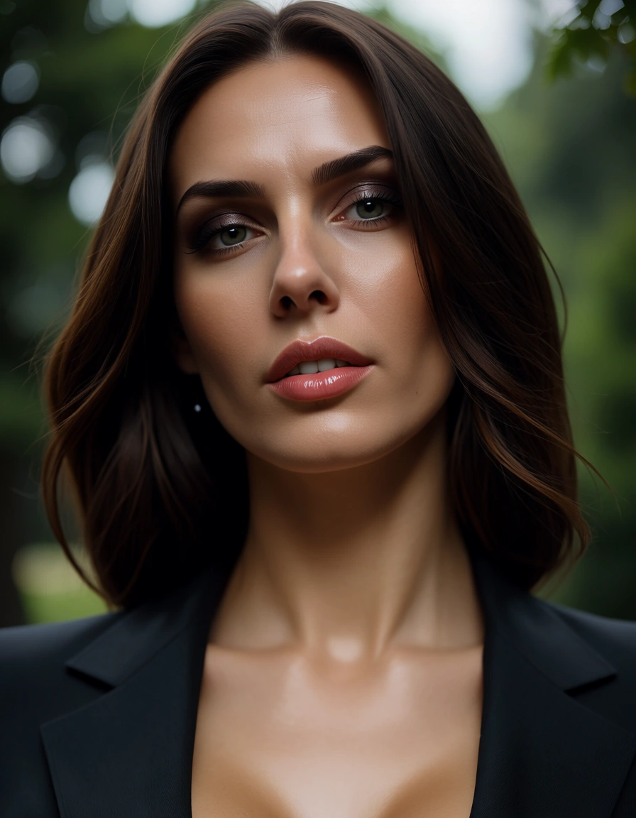 RAW photo, ultra realistic, low angle, office lady, presenting, shiny skin, outdoors, dominant stare, photorealistic, score_9, score_8, candid photo, realistic skin texture, visible skin pores, film grain, depth of field