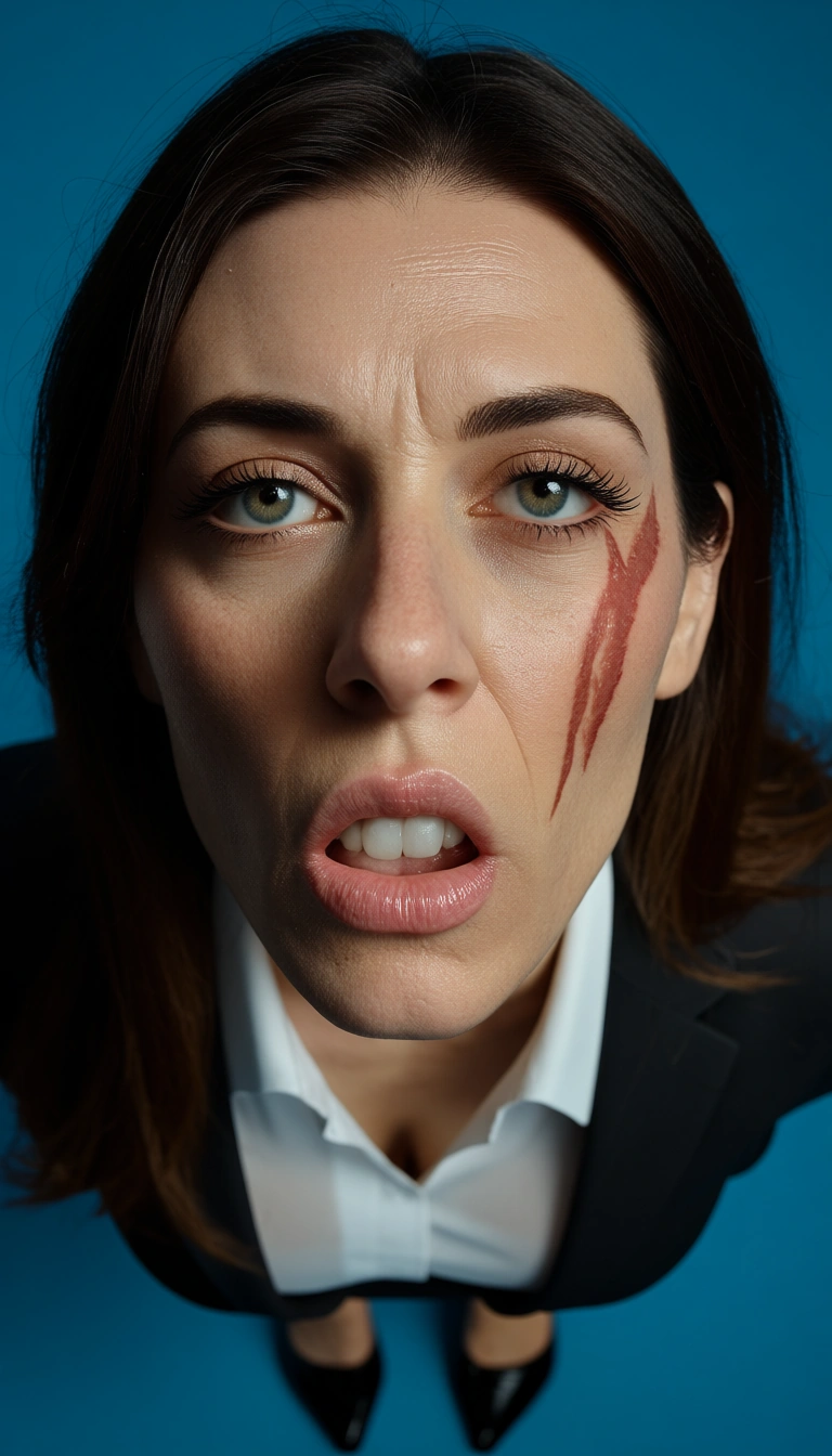 RAW photo, ultra realistic, from above, office lady, titfuck, scar, blue background, cinematic realism