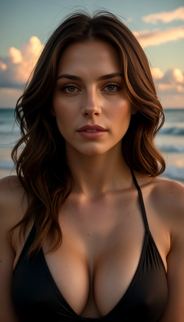 ultra HD, lifelike, milf, cleavage, alternate costume, facesitting, cloudy sky, medium shot, golden hour, photorealistic