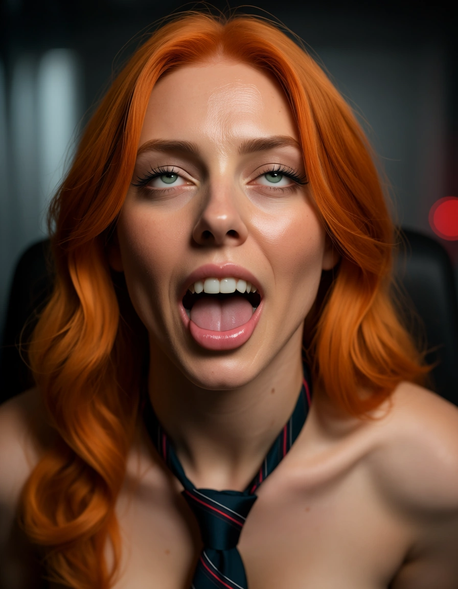 studio quality, sharp focus, milf, orange hair, necktie, ahegao, golden hour, natural skin texture, score_9, score_8, candid photo, realistic skin texture, visible skin pores, film grain, depth of field