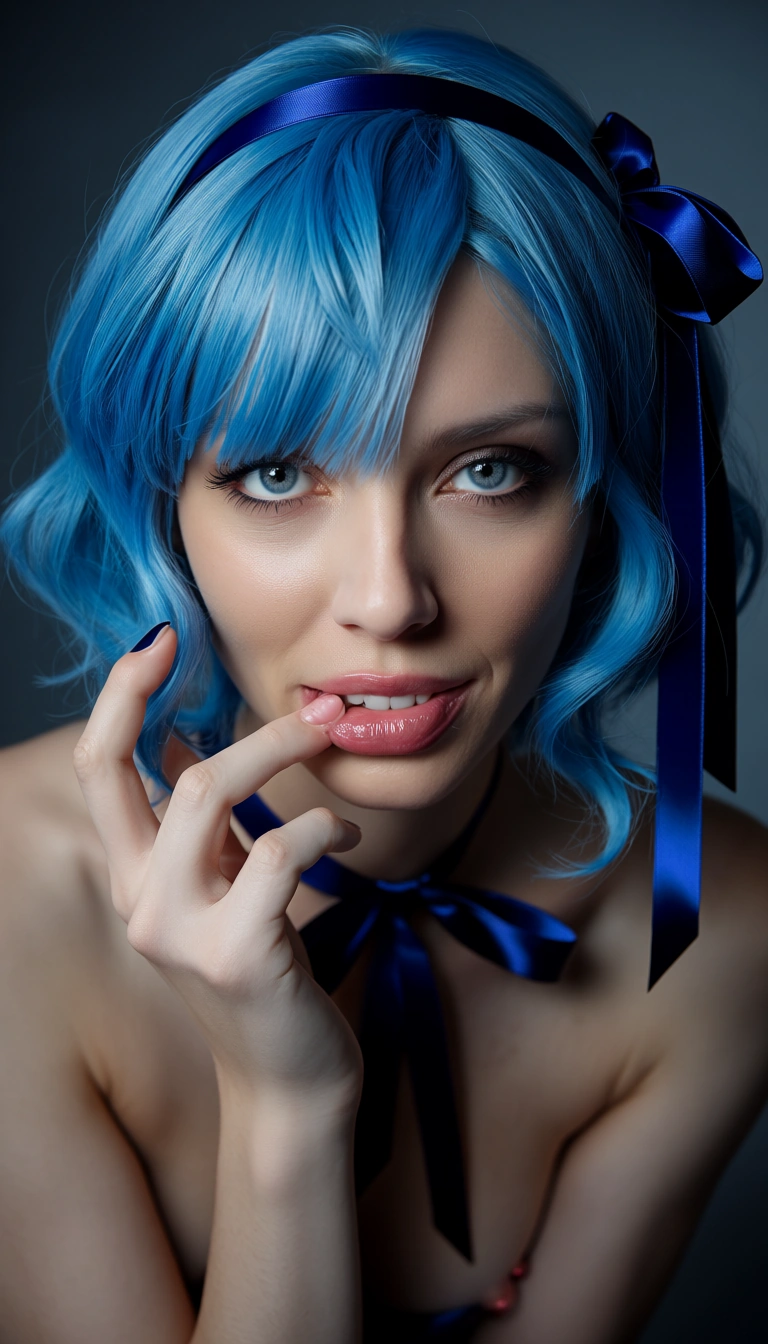 best quality, hyperrealistic, 1other, blue hair, ribbon, teasing, volumetric light, studio photo