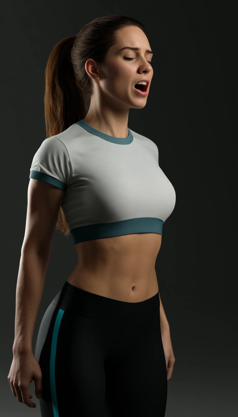 dslr, film grain, photorealistic, fitness model, short sleeves, moaning, lifelike render
