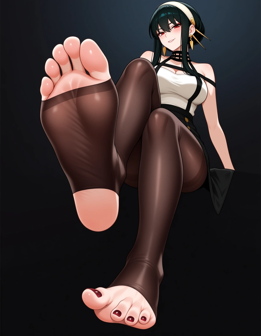 yor forger , foot fetish , foot focus , stockings , toenails , smirk, hentai_studio_quality